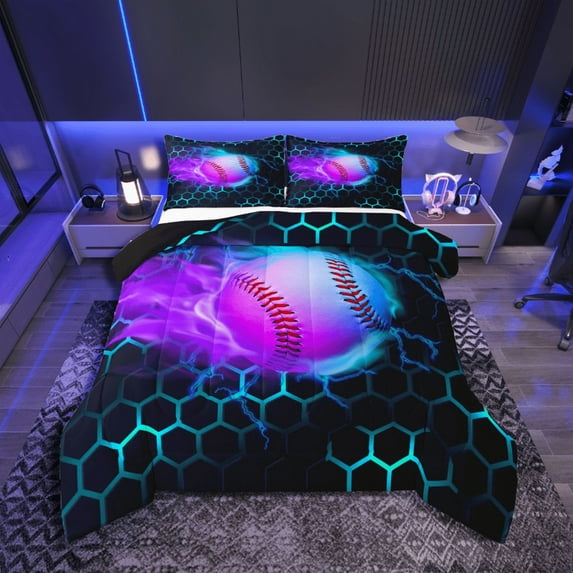 Castle Fairy Sport Baseball 3 Pieces Queen Comforter Set,Blue Lightning Ultra Soft Bedding Sets,Gradient Hexagon Bedding Comforter Set,Breathable Geometric Home Decor,Reversible
