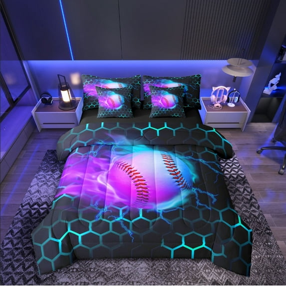 Castle Fairy Sport Baseball 7 Pieces Bedding Comforter Set,Blue Lightning Full Bedding Set Lightweight,Gradient Hexagon Fitted Sheet Flat Sheet,Breathable Geometric Home Decor,Reversible