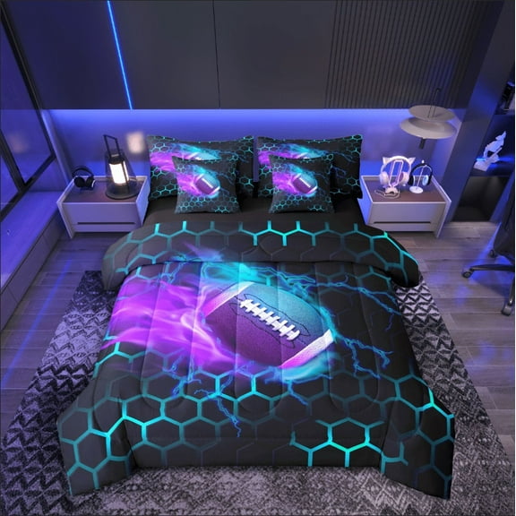 Castle Fairy Sport Baseball 7pcs Bedding Comforter Set,Blue Lightning Queen Bedding Sets Super Cozy,Gradient Honeycomb Queen Sheet Sets,Breathable Geometric Home Decor,Reversible