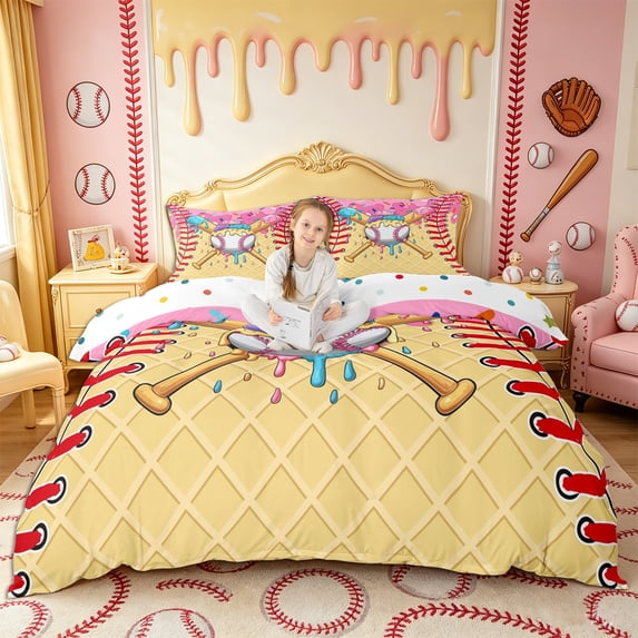 Castle Fairy Sport Baseball Bat Bedding, Ice Cream Drip Duvet Cover Full, Blue Pink Yellow,3pcs,1 Duvet Cover and 2 Pillowcases