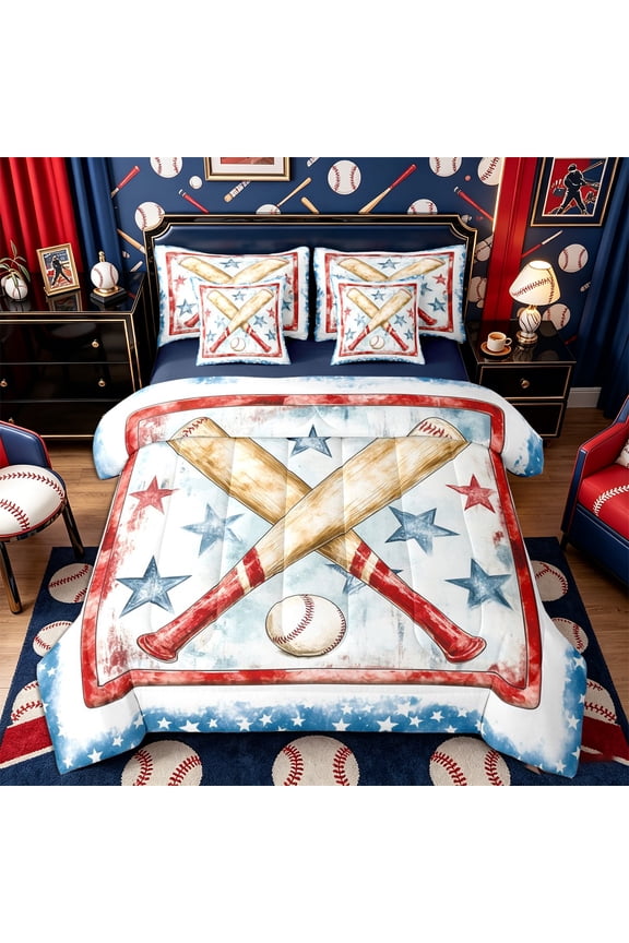 Sport Baseball Bat Full Size Bedding Sets 7 Pieces, Vintage Stars Print Full Size Bed in a Bag, Red Blue White,Navy Blue Reversible