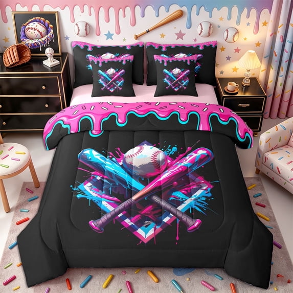 Castle Fairy Sport Baseball Bat Twin Bedding 7-Piece, Ice Cream Drip Splash Bedding Comforter Set, Black Pink Blue,Pink Reversible