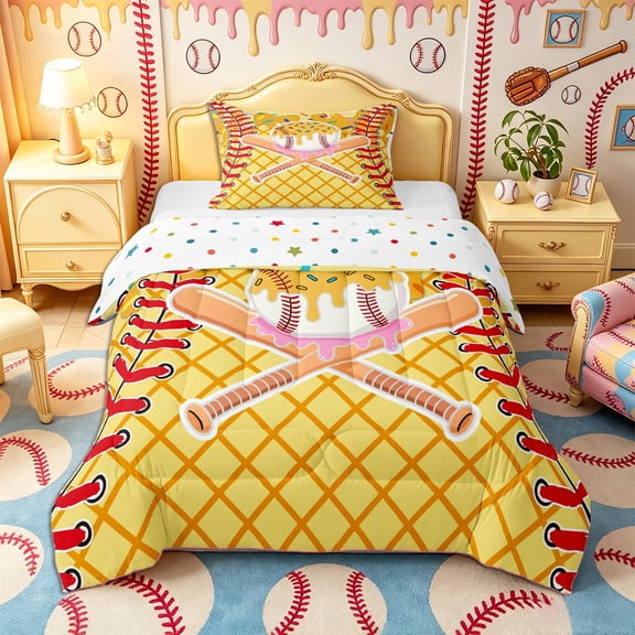 Castle Fairy Sport Baseball Bat Twin Comforter Sets 2pcs, Ice Cream Drip Bedding Set, Light Blue Pink Yellow,1 Comforter and 1 Pillowcase