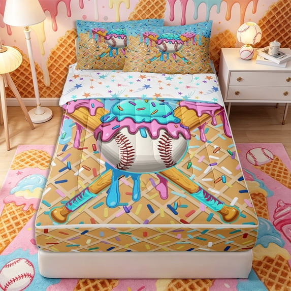 Castle Fairy Sport Baseball Bat Zipper Full Size Comforter Sets with Fitted Sheet and 2 Pillowcases, Ice Cream Drip Zipper Bedding Set, Light Blue Pink Yellow,4pcs