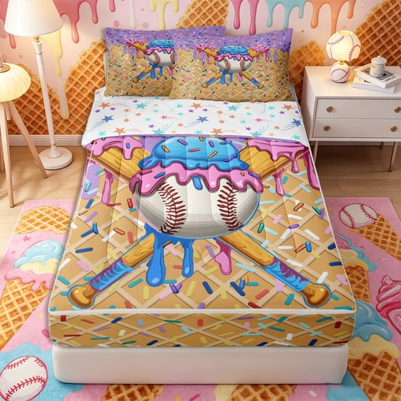 Castle Fairy Sport Baseball Bat Zipper Twin Comforter Sets with Fitted Sheet and 2 Pillowcases, Ice Cream Drip Zipper Bedding Set, Purple Blue Pink Yellow,4-Piece