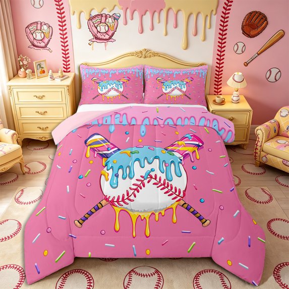 Castle Fairy Sport Baseball Candy Print Queen Comforter Set 3 Pieces, Ice Cream Drip Comforter Sets Queen, Pink Blue Yellow,Pink Reversible,1 Comforter and 2 Pillowcases