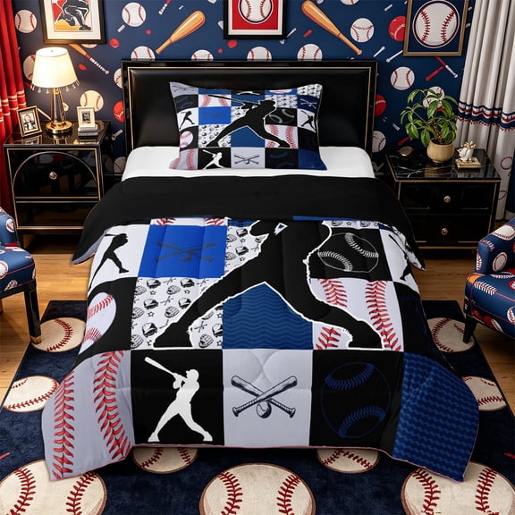 Castle Fairy Sport Baseball Collage Twin Comforter Sets 2pcs, Geometric Plaid Bedding Set, Navy Red Black,Black Reversible,1 Comforter and 1 Pillowcase