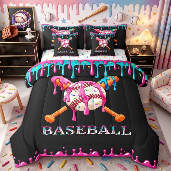 Castle Fairy Sport Baseball Full Size Bedding Sets 7 Pieces, Ice Cream Drip Full Size Bed in a Bag, Pink Blue Black