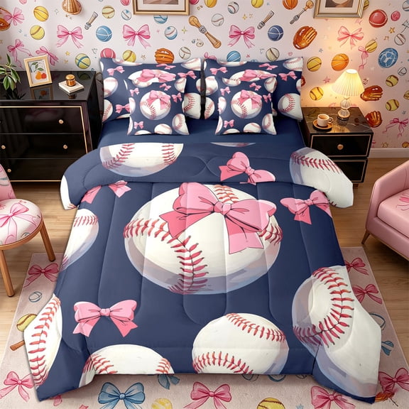 Castle Fairy Sport Baseball Full Size Bedding Sets 7 Pieces, Kawaii Bow Full Size Bed in a Bag, White Red Blue,Navy Blue Reversible