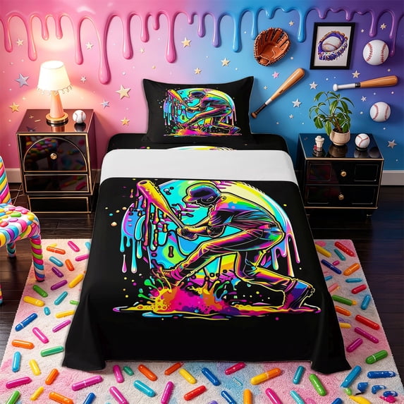 Castle Fairy Sport Baseball Gamer Twin Sheets 3pcs, Neon Ice Cream Drip Bedding, Black Green Yellow,1 Fitted Sheet, 1 Flat Sheet and 1 Pillowcase