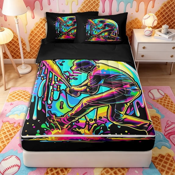Castle Fairy Sport Baseball Gamer Zipper Twin Comforter Sets with Fitted Sheet and 2 Pillowcases, Neon Ice Cream Drip Zipper Bedding Set, Black Green Yellow,4-Piece,Black Reversible