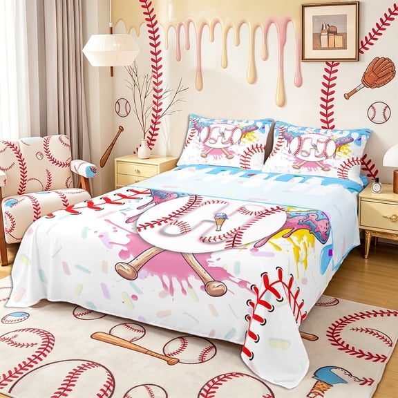 Castle Fairy Sport Baseball Initial Bed Sheets 4-Piece, Blue Ice Cream Drip Full Size Sheets, Pink Blue White,1 Fitted Sheet, 1 Flat Sheet and 2 Pillowcases