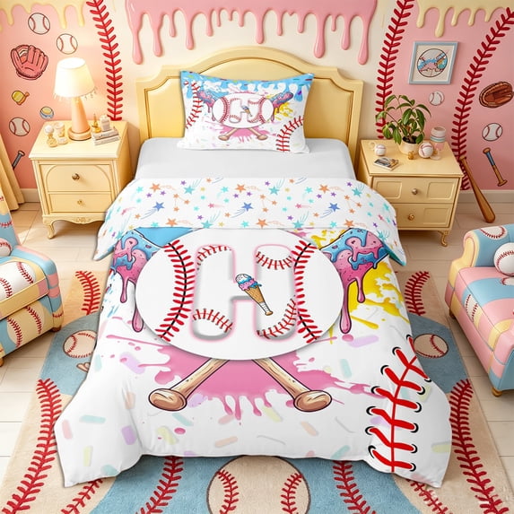 Castle Fairy Sport Baseball Initial Twin Duvet Cover, Blue Ice Cream Drip Twin Bedding, Pink Blue White,2pcs,1 Duvet Cover and 1 Pillowcase