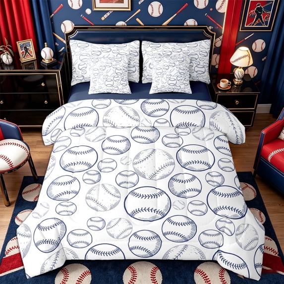 Castle Fairy Sport Baseball King Bedding 7pcs, Ball Game King Bed in a Bag, White Navy,Navy Blue Reversible