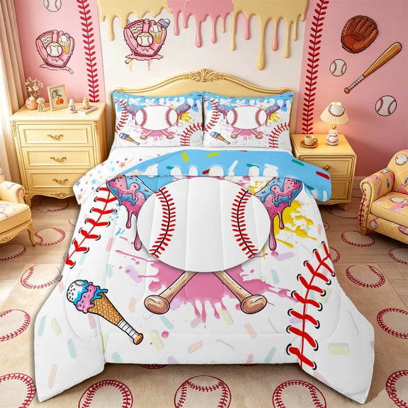 Castle Fairy Sport Baseball Print Queen Comforter Set 3 Pieces, Blue Ice Cream Drip Comforter Sets Queen, Red Pink Blue,1 Comforter and 2 Pillowcases