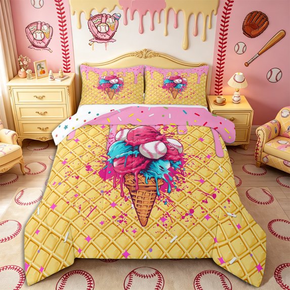 Castle Fairy Sport Baseball Queen Comforter Set 3 Pieces, Ice Cream Cone Pattern Comforter Sets Queen, Pink Blue,1 Comforter and 2 Pillowcases