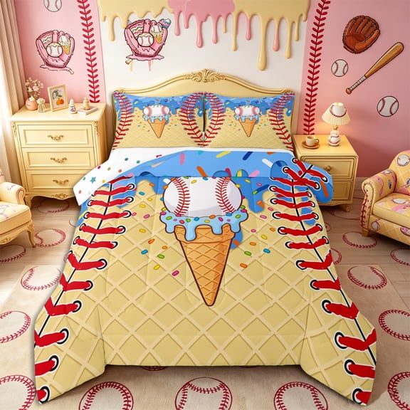 Castle Fairy Sport Baseball Queen Comforter Set 3 Pieces, Ice Cream Drip Comforter Sets Queen, Blue Red Yellow,1 Comforter and 2 Pillowcases