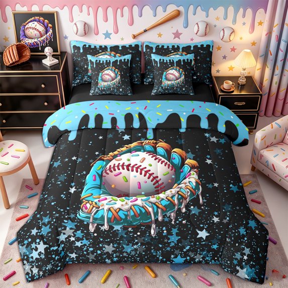 Castle Fairy Sport Baseball Twin Bedding 7-Piece, Candy Glove Stars Pattern Bedding Comforter Set, Black Blue,Black Reversible