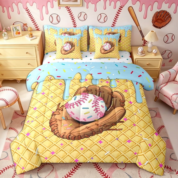 Castle Fairy Sport Baseball Twin Bedding 7-Piece, Ice Cream Glove Pattern Bedding Comforter Set, Brown Blue Pink