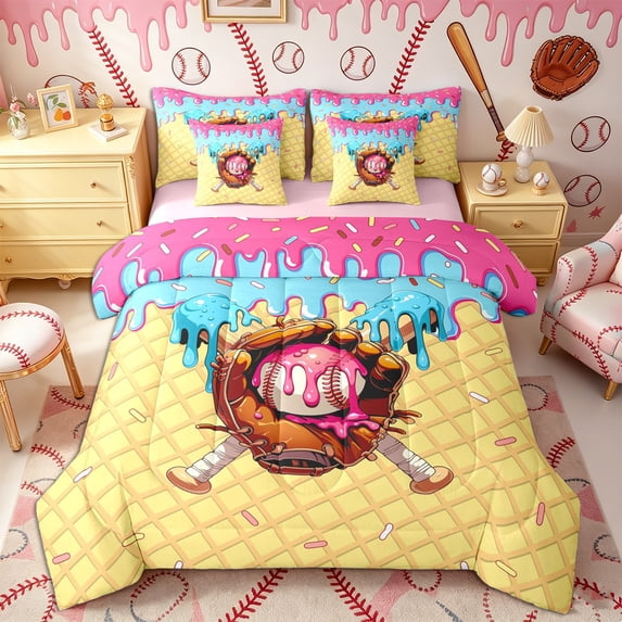 Castle Fairy Sport Baseball Twin Bedding 7-Piece, Ice Cream Sundae Pattern Bedding Comforter Set, Pink Yellow Blue,Pink Reversible