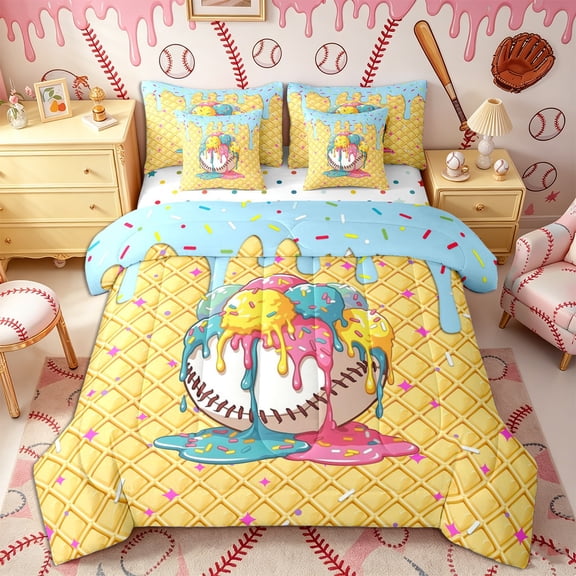 Castle Fairy Sport Baseball Twin Bedding 7-Piece, Ice Cream Waffle Cake Pattern Bedding Comforter Set, Brown Blue Pink