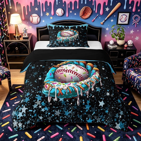 Castle Fairy Sport Baseball Twin Comforter Sets 2pcs, Candy Glove Stars Pattern Bedding Set, Black Blue,Black Reversible,1 Comforter and 1 Pillowcase