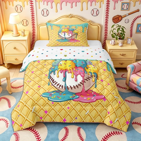 Castle Fairy Sport Baseball Twin Comforter Sets 2pcs, Ice Cream Drip Bedding Set, Yellow Pink Green,1 Comforter and 1 Pillowcase
