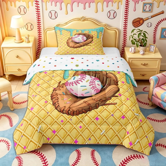 Castle Fairy Sport Baseball Twin Comforter Sets 2pcs, Ice Cream Glove Pattern Bedding Set, Brown Blue Pink,1 Comforter and 1 Pillowcase