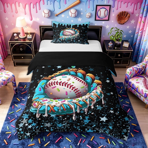 Castle Fairy Sport Baseball Twin Duvet Cover, Candy Glove Stars Pattern Twin Bedding, Black Blue,Black Reversible,2pcs,1 Duvet Cover and 1 Pillowcase