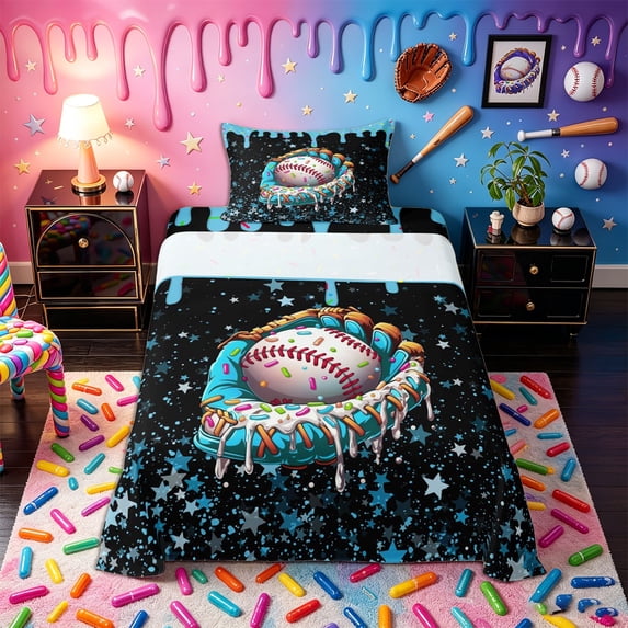 Castle Fairy Sport Baseball Twin Sheets 3pcs, Candy Glove Stars Pattern Bedding, Black Blue,1 Fitted Sheet, 1 Flat Sheet and 1 Pillowcase