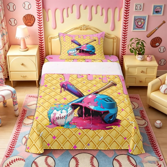 Castle Fairy Sport Baseball Twin Sheets 3pcs, Ice Cream Drip Bedding, Pink Blue,1 Fitted Sheet, 1 Flat Sheet and 1 Pillowcase