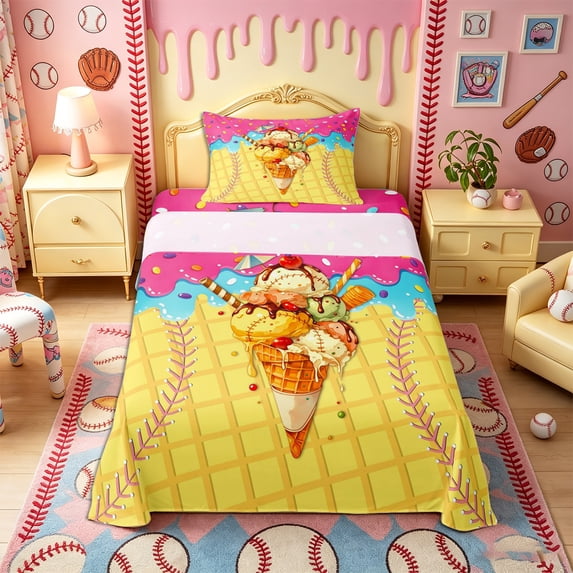 Castle Fairy Sport Baseball Twin Sheets 3pcs, Ice Cream Sundae Pattern Bedding, Pink Yellow Blue,1 Fitted Sheet, 1 Flat Sheet and 1 Pillowcase