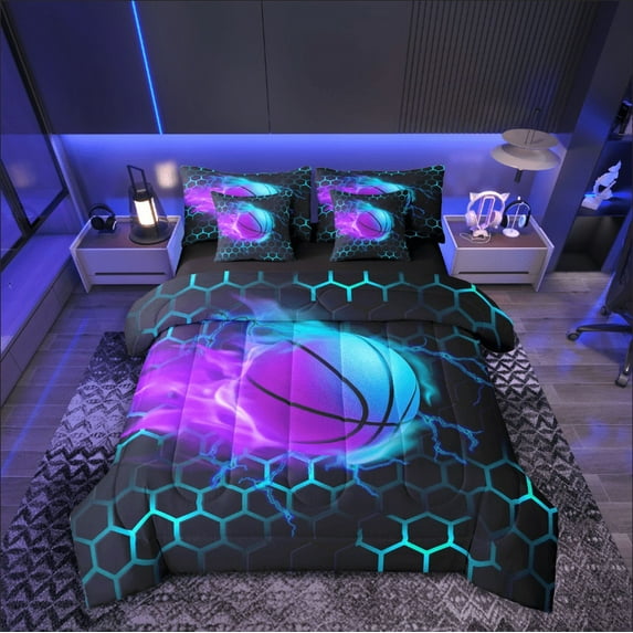 Castle Fairy Sport Basketball 7-Piece Twin Bedding Sets,Teal Purple Bedding Comforter Set,Geometric Hexagon Breathable Sheet Sets,Lightweight Gradient Room Decor,Reversible
