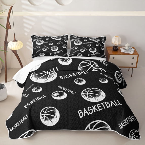 Castle Fairy Sport Basketball Bed Spread Queen,Minimalist Ball Pattern Queen Coverlet Set,Black White
