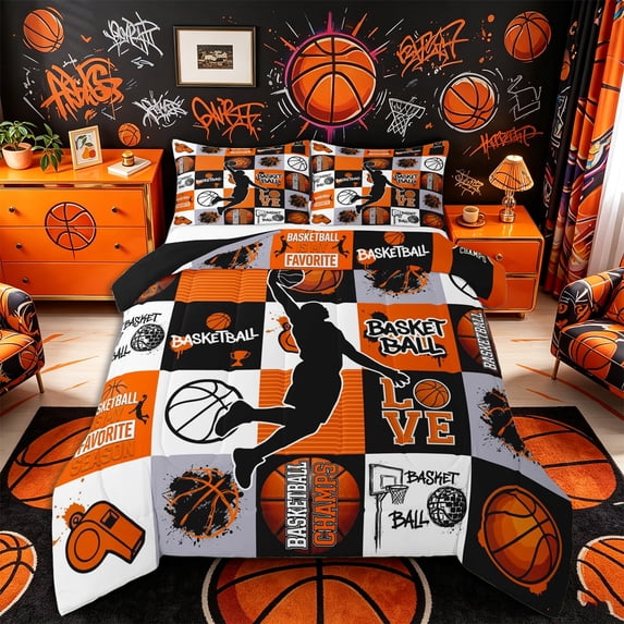 Castle Fairy Sport Basketball Collage Queen Comforter Set 3 Pieces, Geometric Plaid Comforter Sets Queen, Black Orange,Black Reversible,1 Comforter and 2 Pillowcases
