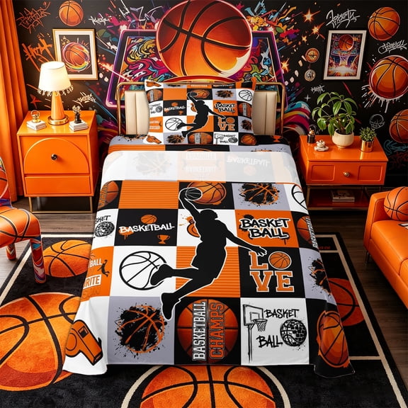 Castle Fairy Sport Basketball Collage Twin Sheets 3pcs, Geometric Plaid Bedding, Black Orange,1 Fitted Sheet, 1 Flat Sheet and 1 Pillowcase