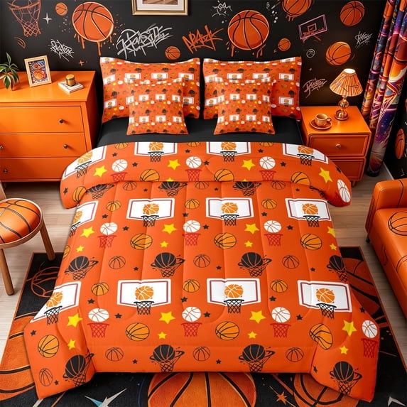 Castle Fairy Sport Basketball Full Size Bedding Sets 7 Pieces, Stars Print Full Size Bed in a Bag, Black Orange White,Black Reversible