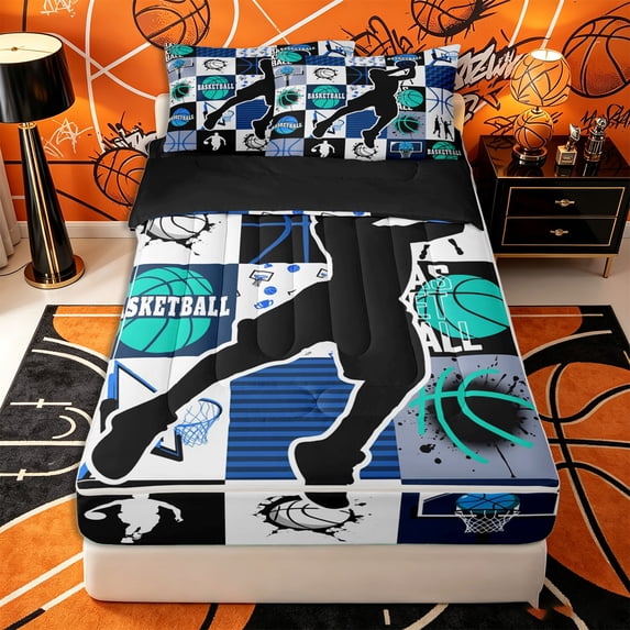 Castle Fairy Sport Basketball Gamer Zipper Full Size Comforter Sets with Fitted Sheet and 2 Pillowcases, Geometric Grid Zipper Bedding Set, Black White Teal,4pcs,Black Reversible
