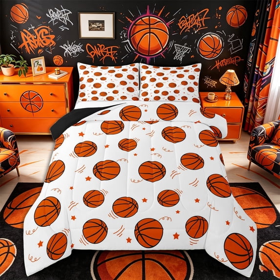 Castle Fairy Sport Basketball Queen Comforter Set 3 Pieces, Ball Game Comforter Sets Queen, White Orange,Black Reversible,1 Comforter and 2 Pillowcases