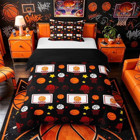 Castle Fairy Sport Basketball Twin Duvet Cover, Stars Print Twin Bedding, Black Orange White,Black Reversible,2pcs,1 Duvet Cover and 1 Pillowcase