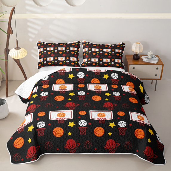 Castle Fairy Sport Basketball Twin Quilt Set,Stars Print Twin Coverlet Set,Black Orange White