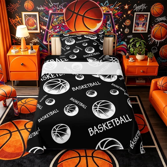 Castle Fairy Sport Basketball Twin Sheets 3pcs, Minimalist Ball Pattern Bedding, Black White,1 Fitted Sheet, 1 Flat Sheet and 1 Pillowcase