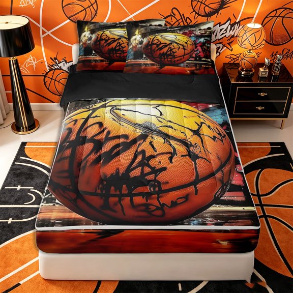 Castle Fairy Sport Basketball Zipper Twin Comforter Sets with Fitted Sheet and 2 Pillowcases, Abstract Graffiti Splash Zipper Bedding Set, Orange Black,4-Piece,Black Reversible