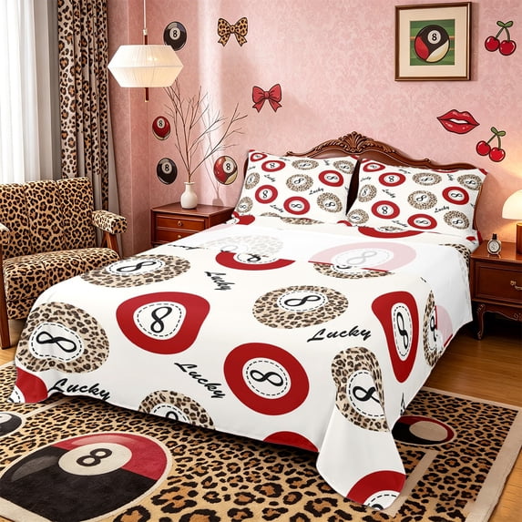 Castle Fairy Sport Billiards King Sheets 4pcs, Rustic Cheetah Print Bedding, Red Brown Black,1 Fitted Sheet, 1 Flat Sheet and 2 Pillowcases