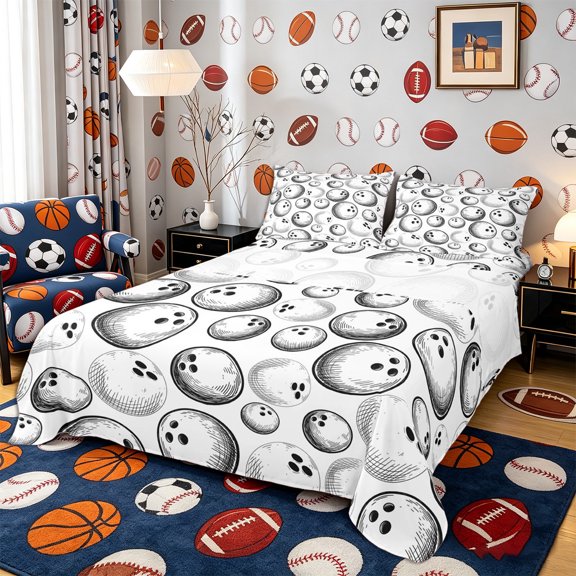 Castle Fairy Sport Bowling Queen Sheets 4 Pieces, Ball Game Queen Sheet Sets, White Black,1 Fitted Sheet, 1 Flat Sheet and 2 Pillowcases