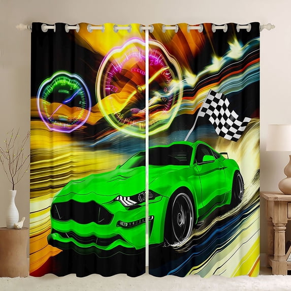 Castle Fairy Sport Car Black Out Curtains,Checkered Flag Curtains Pack of 2 (42x63 Each)