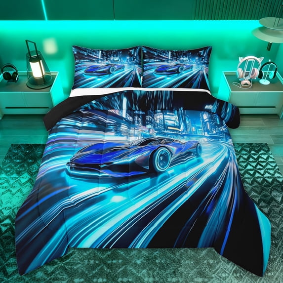 Castle Fairy Sport Car Queen Comforter Set for Adults,Speed Race Car Bedding Comforter Set