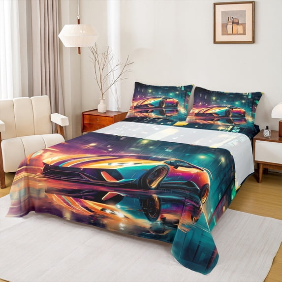 Castle Fairy Sport Car Queen Sheet Sets for Boys Girls,Racing Car Bed Set