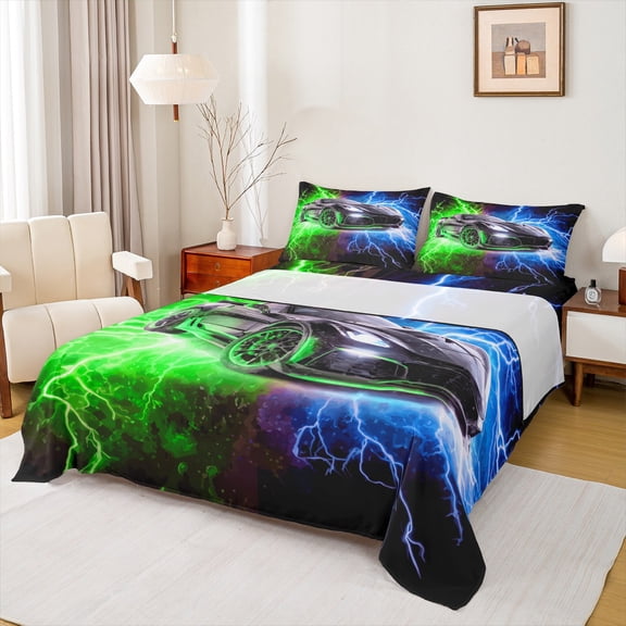 Castle Fairy Sport Car Queen Sheet Sets for Children Teens Adults,Speed Race Car Bed Set