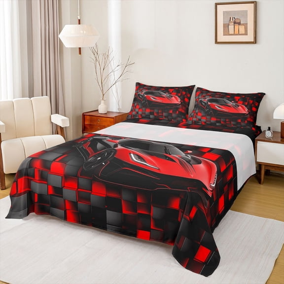 Castle Fairy Sport Car Twin Sheet Sets for Female Men,Abstract Geometric Checkered Bedding